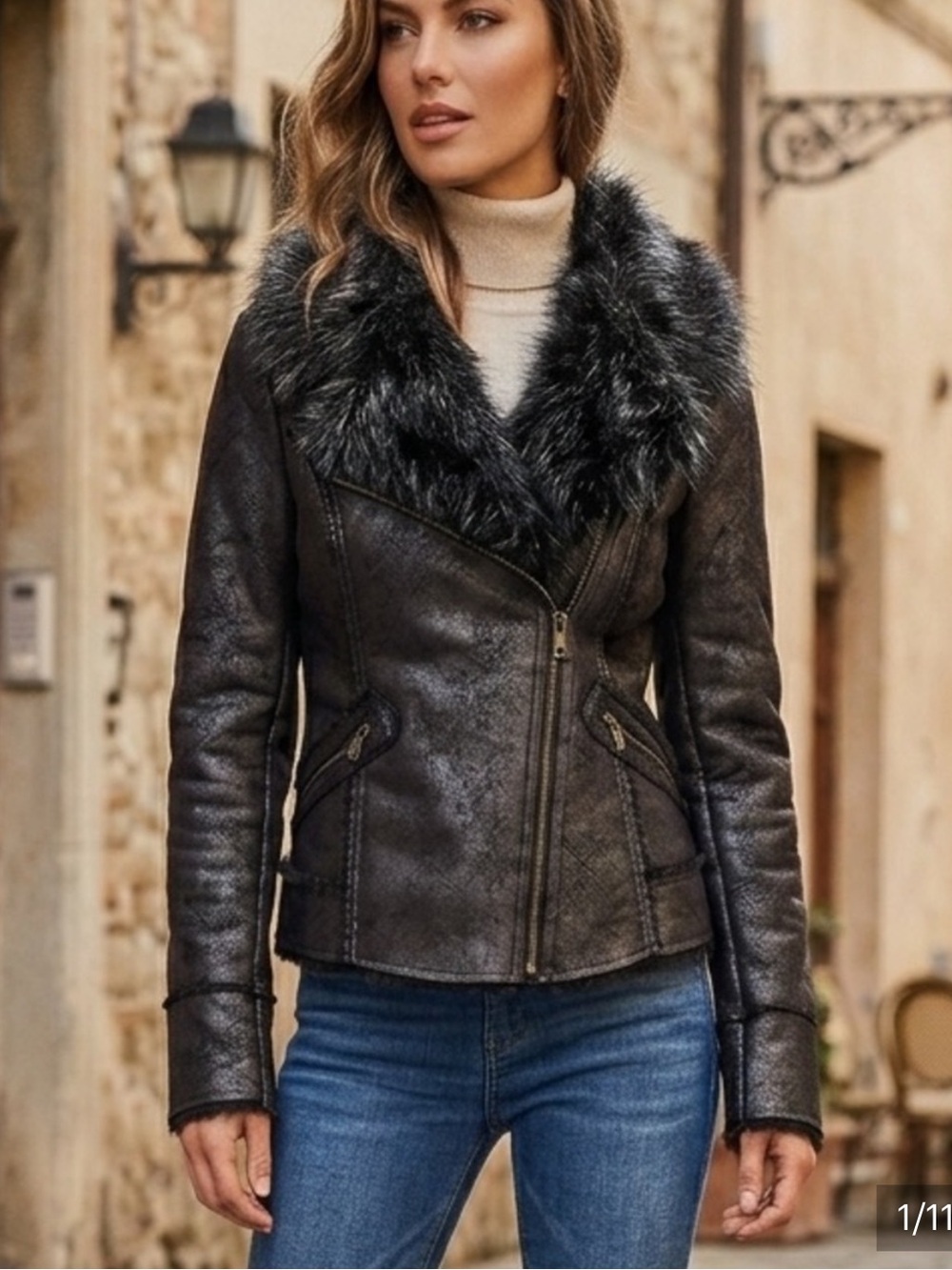 GUESS Briana Moto Jacket Black Size XS Faux Fur Collar